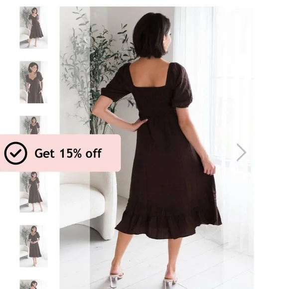 Brown Plaid Midi Dress Puff Sleeves, smoked back, sweetheart neckline - Picture 2 of 5